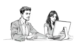 A graceful and elegant color sketchnote depicting two men and one woman with refined features working on a computer