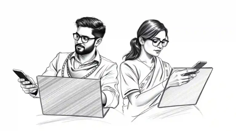 Hand-drawn sketch, strong hard light, graceful and elegant three Indian men and two Indian women investing in the Indian stock market using laptops and mobiles